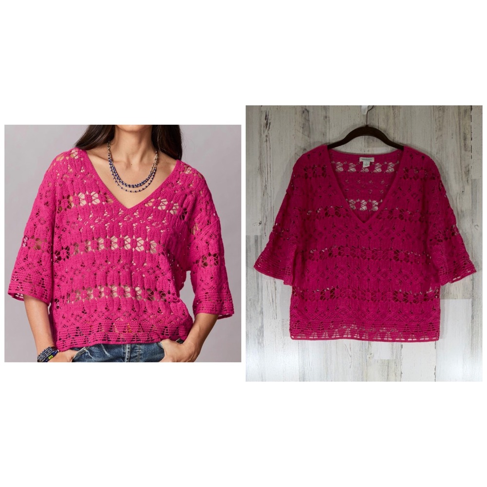 Sundance Samara Crochet Open Knit Sweater Small Fuchsia Pink 3/4 Sleeve V Neck